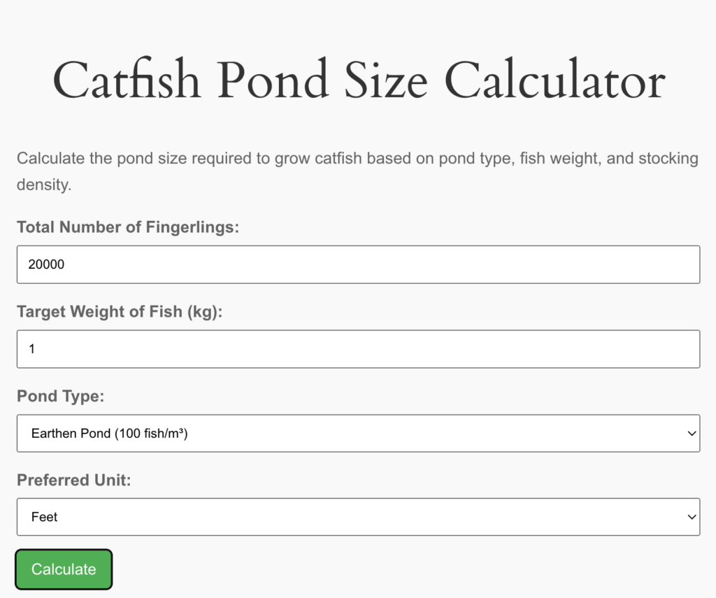 catfish pond size calculator